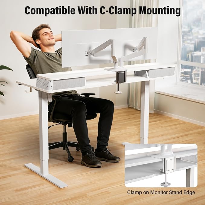 Kingant 55 x 24 Inch Electric Standing Desk with Dual Drawers, Height Adjustable Sit to Stand Computer Desk with Storage Shelf and C-Clamp Mount Compatibility for Home Office, White