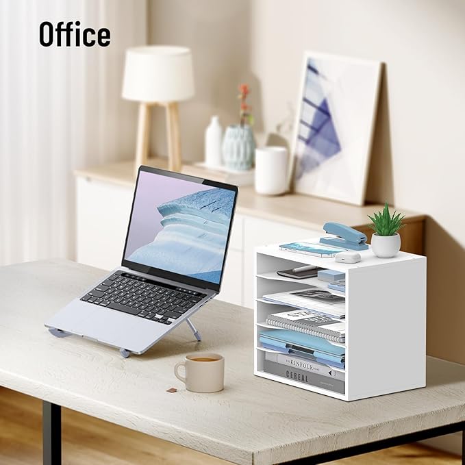 SHARKWOODS 5-Tier Wood Desk Organizer, Paper Tray Organizer for Desk with Adjustable Storage Shelves, Desktop File Organization Paper Sorter Mail Holder for Office Home Classroom, White