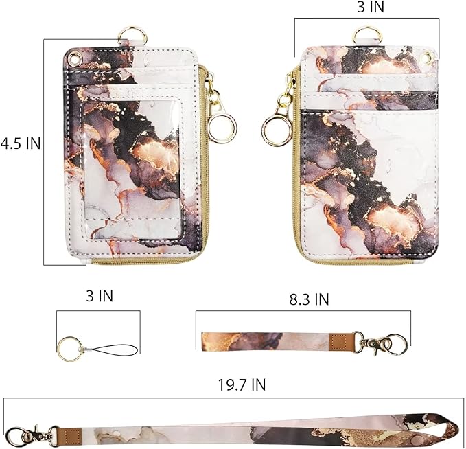 Marble ID Badge Holder with Lanyard,Card Name Tag Holders with Zipper,Vertical Lanyard Wallet for Work Office Nurse Doctor Medical Student Teacher Women Men