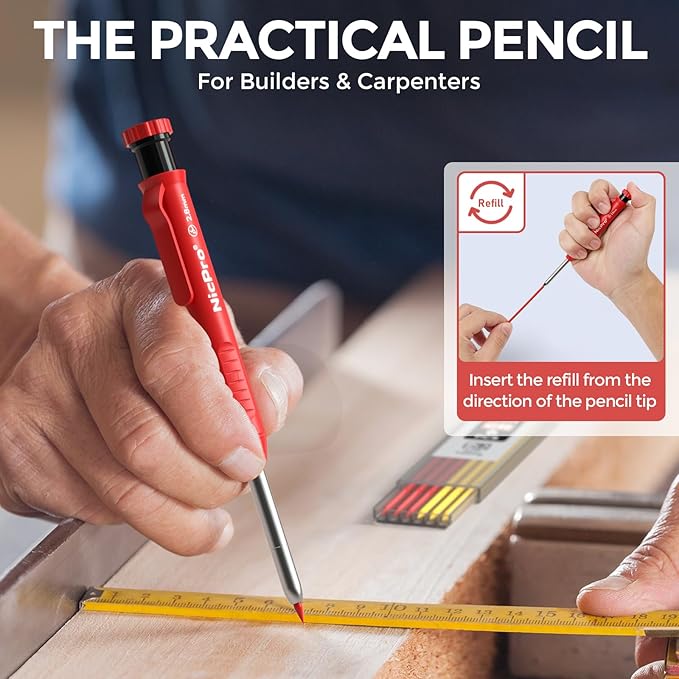 Nicpro 5 Pack Carpenter Pencils with Sharpener, Construction Mechanical Pencil with 53 Refills, Heavy Duty Marking Tools, Long Nib Marker Pens for Architect Marking (Black, Red, Orange, Green, Blue)