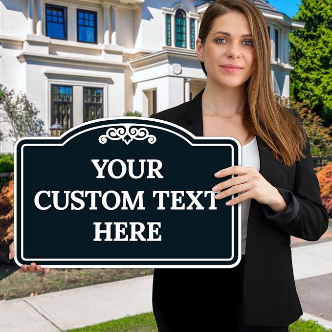 Custom Decorative Sign, Personalized Metal Sign for Business, Driveway, Home, Airbnb, Office Door Plaque, Black Background 12x18 Inches, ACM, Fade Resistant, Made in USA by Sigo Signs