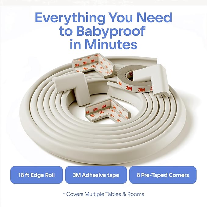Furniture Edge and Corner Guards | 20.4ft Protective Foam Cushion | 18ft Bumper 8 Adhesive Childsafe Corners | Baby Child Proofing Set NonToxic and Safe for Table, Fireplace, Countertop | White
