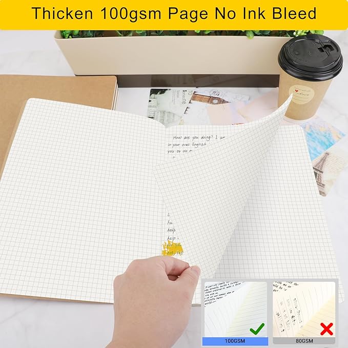 EUSOAR Graph Journal, 3 Packs Large A4 8.5" x 11" 40 Sheets/ 80 Pages, 100gsm Thick Paper Kraft Sketchbook Composition Diary Subject Notebooks Planner Journal for Office