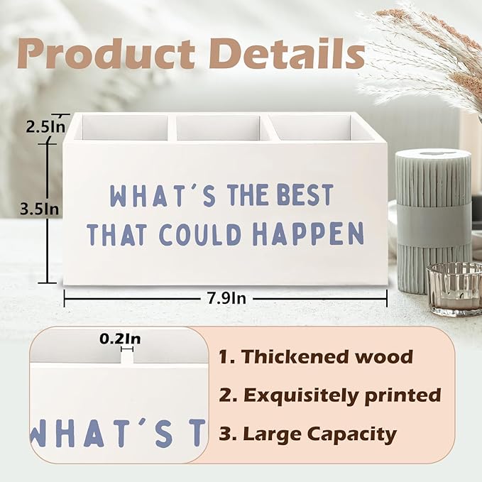 URLLUAE What's the Best That Could Happen Inspirational Wooden Pen Pencil Holder for Office Desk Accessories, Motivational Desk Decor, Retro Blue Makeup Brush Toothbrush Holder Organizer