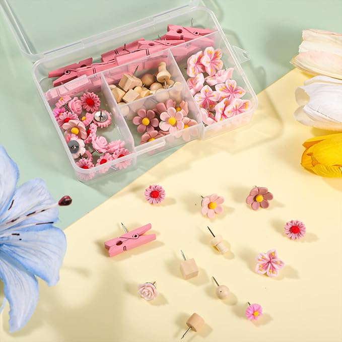 78 Pieces Push Pins Set Cute Thumb Tacks Decorative Flower Push Pins for Wall Cork Board Bulletin Boards with Storage Box(Pink Style)