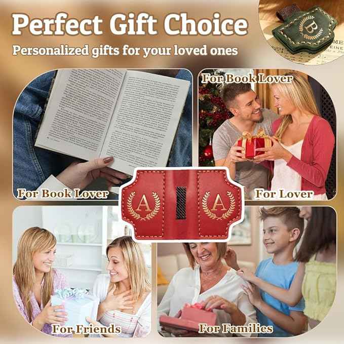 Personalized Mark Bookmark with Pen Holder, Leather Magnetic Book Marker 26 Letters,Custom Initials Page Marks, Gifts for Book Lovers Readers Men Women (Red, U)