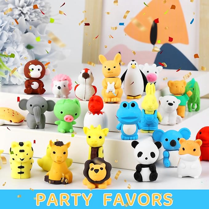 URSKYTOUS 36Pcs Animal Erasers Kids Desk Pets Pencil Erasers 3D Puzzle Bulk Mini Animal Eraser Toys Fun Cute Eraser for Classroom Rewards, Game Prizes, Treasure Box, Easter Egg Fillers