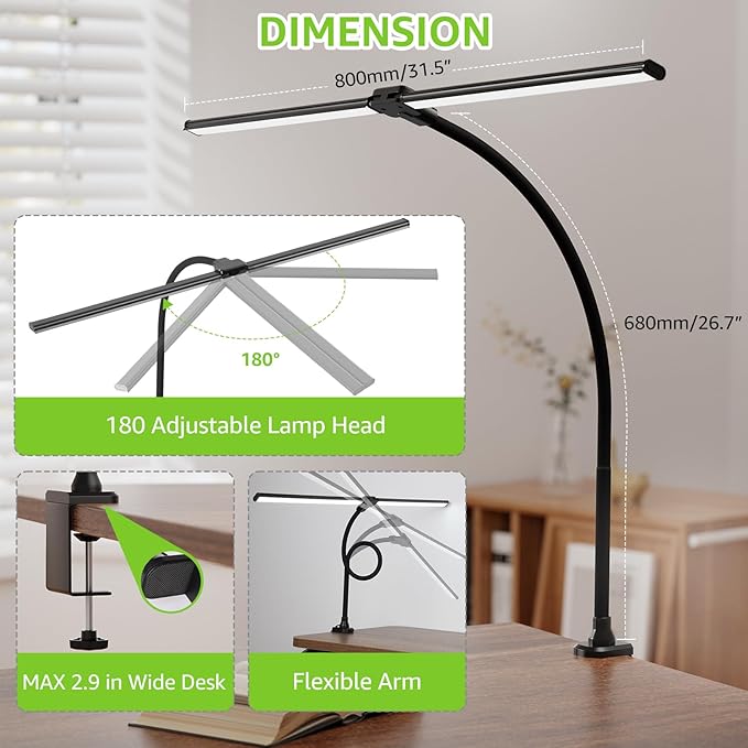 ShineTech LED Desk Lamp for Home Office, 3000K Warm White Double Head Architect Task Lamps with Clamp, Dimmable Adjustable Flexible, Black