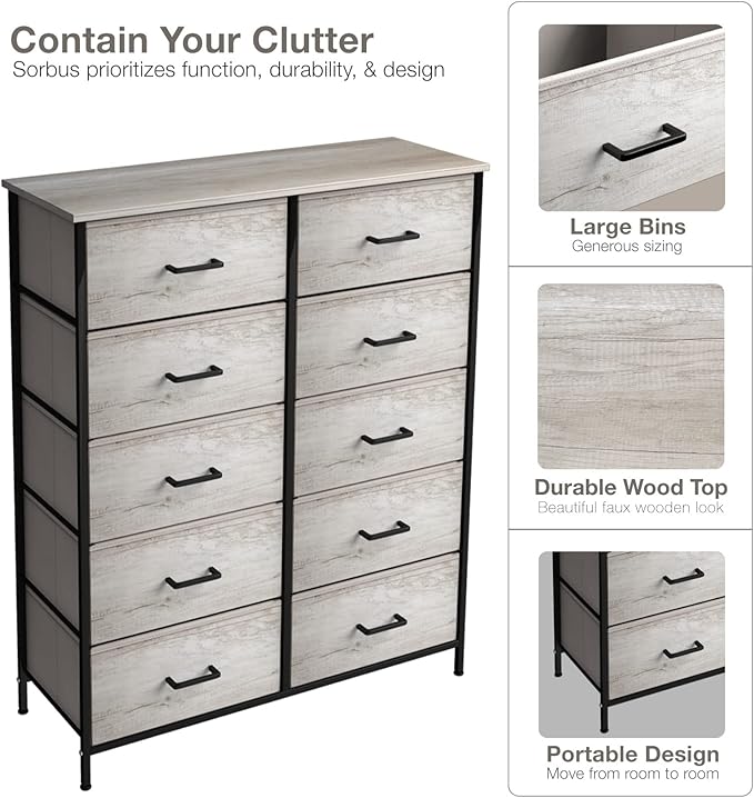 Sorbus Dresser with 10 Faux Wood Drawers - Chest Organizer Unit with Steel Frame Wood Top & Handle Easy Pull Fabric Bins for Clothes - Storage Furniture for Bedroom, Hallway, Living Room & Closet