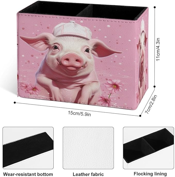 Famame Pig Pink with Hat Pencil Holder for Desk, Leather Desktop Container Pen Cup Storage Study Table Pen Organizer Makeup Brush Holder for Classroom Office Home