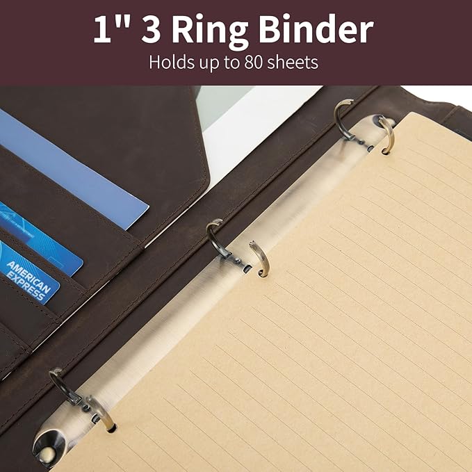 Geslun Personalized Genuine Leather 3 Ring Binder, Custom Engraved 8.5 x 11 Letter Size Folio with Pen Holder, Soft Notebook Portfolio Cover, Notepad Padfolio Organizer for Meeting, Dark Khaki