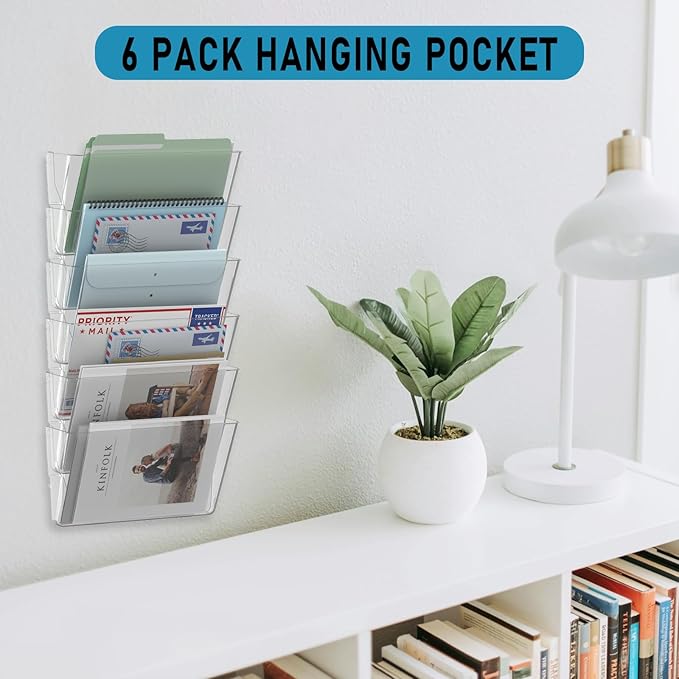 MINDEPOT 6 Pockets Acrylic Wall File Organizer, Clear Wall File Holder, Plastic Hanging Wall File Holder for Office, School and Home, Clear