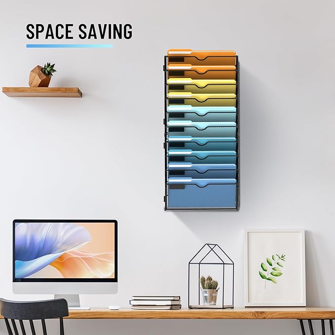 SUPEASY 10-Tier Wall File Holder Organizer with Hooks, Mesh Hanging File Organizer, Mail Organizer Wall Mounted for Papers, Folders, Office Magazine Rack, Black, 2Pack