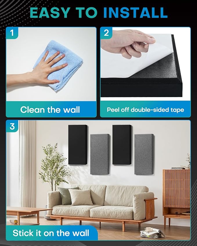 4Pack Fiberglass Acoustic Panels, Self Adhesive Sound Proof Foam Panels for Walls, Sound Dampening Panels for Studios, Office, Home Theater Soundproofing Absorbing Noise Reducing, 23.6x11.8x2.5" Black