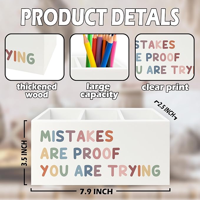 XPH Boho Inspirational Pen Pencil Holder Organizer for Desk, Positive Inspirational Gifts, Mistakes are Proof You are Trying Motivational Wooden Box Sign for Classroom Desk Tabletop Decorations