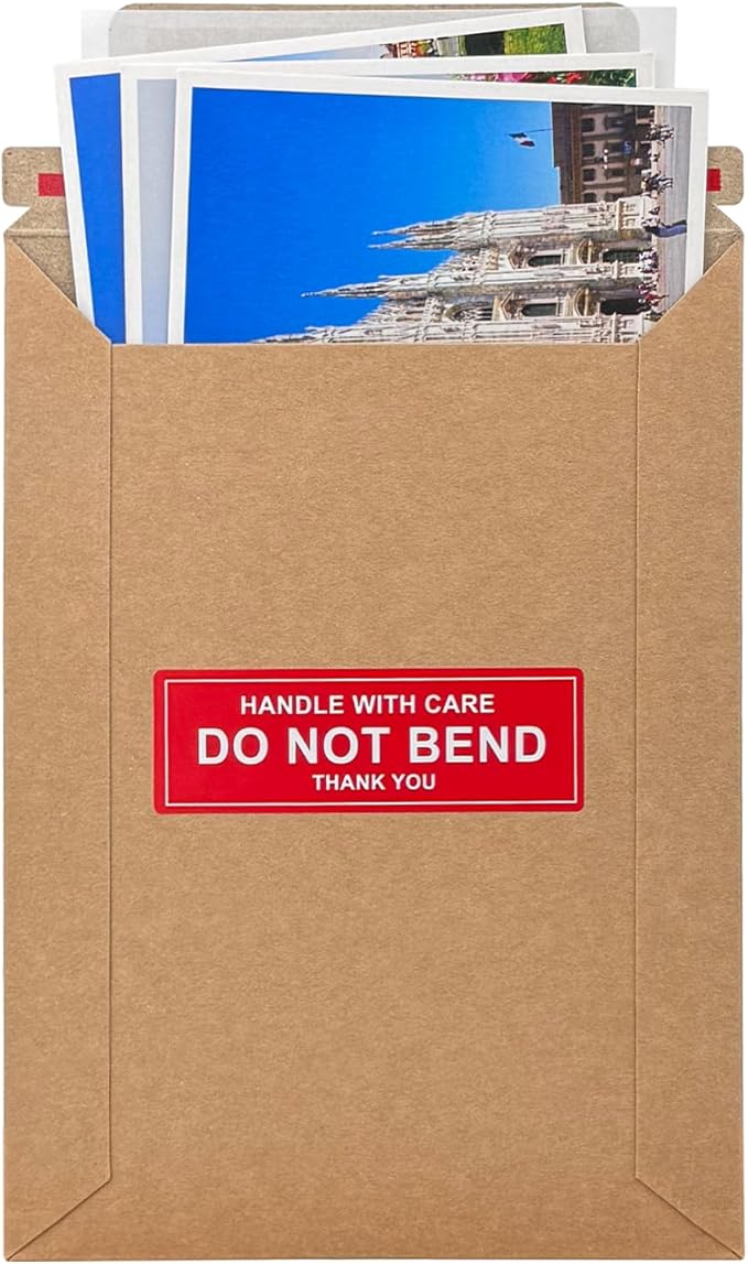Neehows 100 Pack 5x6.9" Rigid Mailers Cardboard Envelopes, 400GSM Kraft Photo Mailers Shipping Envelope with "DO NOT BEND" Labels, Small Stay Flat Self Seal Document Envelope for Trading Cards- Brown