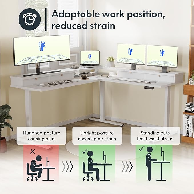 FLEXISPOT 71" Large L Shaped Standing Desk Electric Corner Table with Shelf, 4 Storage Drawers, Adjustable Computer Workstation for Home, Office, Game, Studio, White Top + White Frame