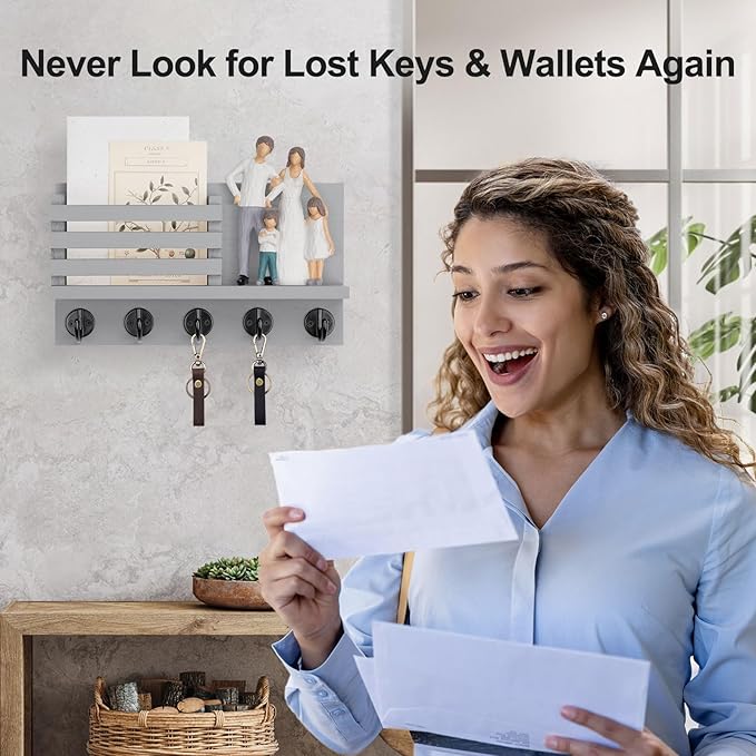Lwenki Key Holder for Wall – Decorative Wooden Mail Holder and Key Shelf with Mounting Hardware, Installation Guide – Paulownia Wood with 5 Metal Key Hooks (11.8” x 6.7” x 2.8”)
