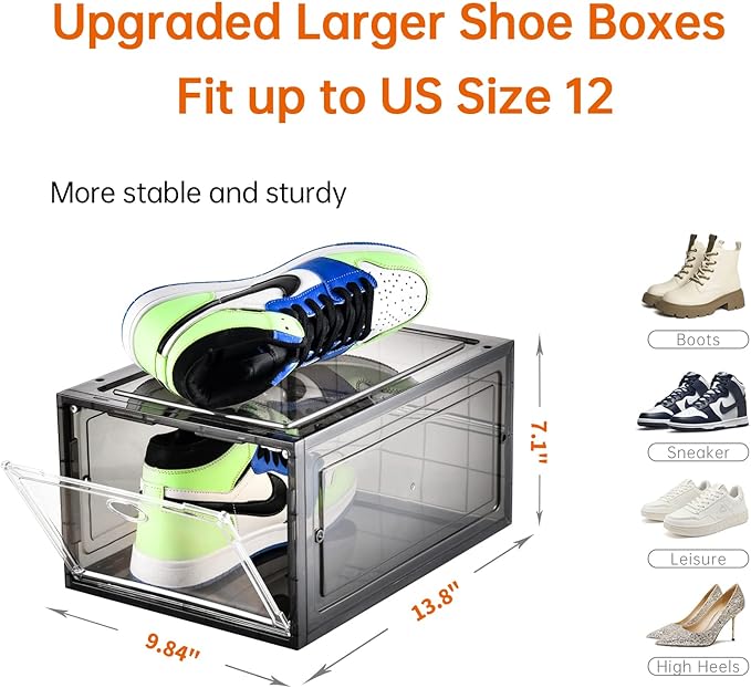 Amllas 12 Pack Shoe Boxes Stackable,Upgraded Sturdy Shoe Storage Boxes with Clear Magnetic Door,Multifunctional Sneaker Storage, Shoe Box Organizer Fit up to US Size 12 Gray(13.8”x 9.84”x 7.1”)
