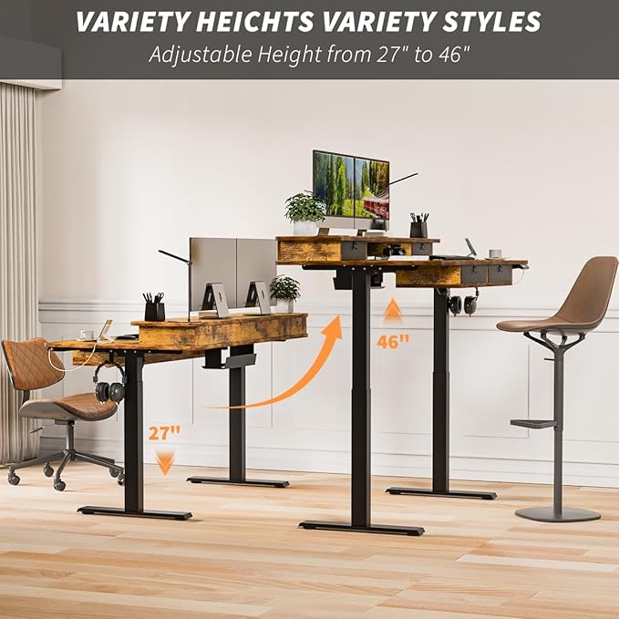 Kingant 55 x 30 Inch Electric Standing Desk with 4 Drawers, Adjustable Height Computer Desk for Home Office, Large Workstation Sit Stand Up Desk with Built-in USB A/C Charging Ports, Rustic Brown