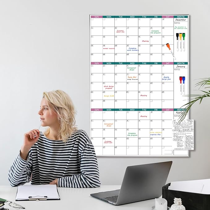ARCOBIS 3-Month Dry Erase Calendar for Wall, 39"x28" Magnetic Whiteboard Calendar with Silver Aluminum Frame, Monthly Calendar Board for Office, Home, School