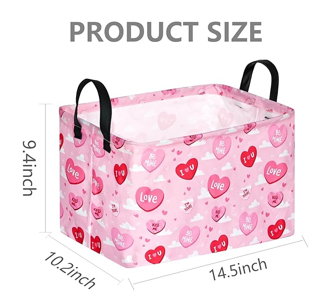 FUULOXE Rectangular Valentines Basket Storage Bin for Shelves Girls Gifts Baskets Foldable Box with Handles for Home Office Car Dormroom Valentine's Day Party Supplies