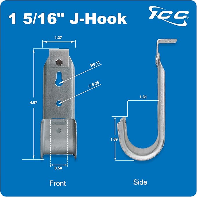 ICC Ceiling Mount J Hook 1 5/16” Without Retainer Clip – Galvanized Steel Cable Management Hooks for Hanging Cable - Rust-Resistant, EIA and TIA Compliant - 1 5/16 Inch 25 Pack