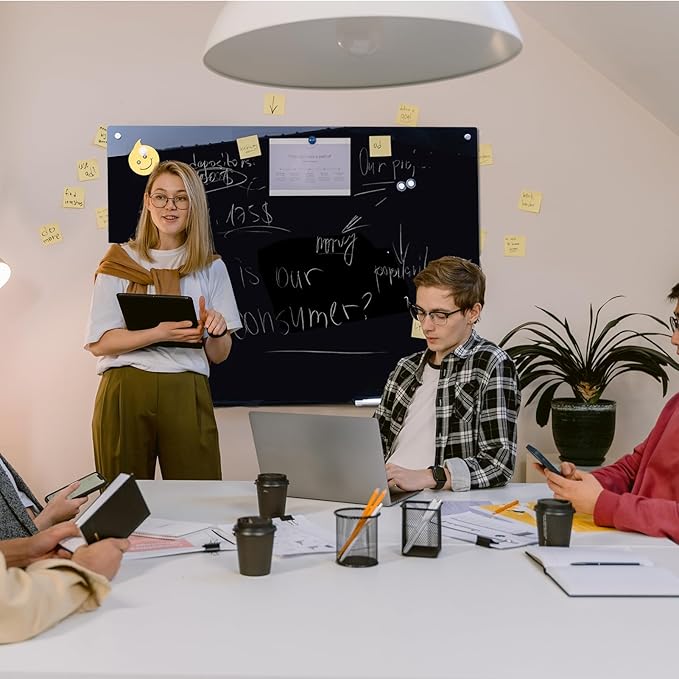 JYYPWB Magnetic Glass Whiteboard 48" x 36" Dry Erase Board Frameless Premium Tempered Galssboards Wall Mounted Glossy writeboard with Eraser, Marker Tray for Interactive Office, (Black)