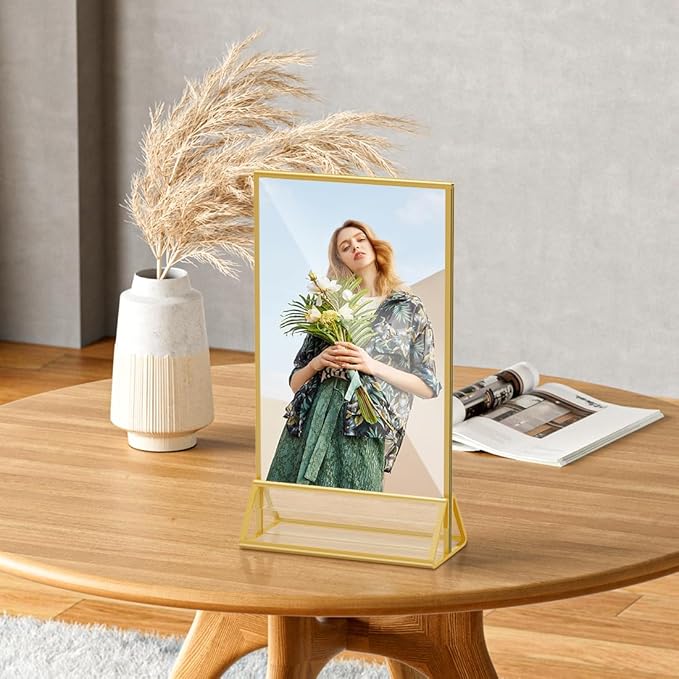 8.5 x 5.5 Acrylic Sign Holder with Gold Frame, Double Sided Display Stand Ideal for Display Wedding Table Numbers, Picture, Flyer Menu Holder, 6 Packs