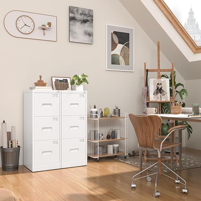 INTERGREAT 3 Drawer File Cabinet, White Metal Filing Cabinet with Lock, Locking Tall File Cabinets with 4 Adjustable Hanging Frame for Home Office, Name Tag