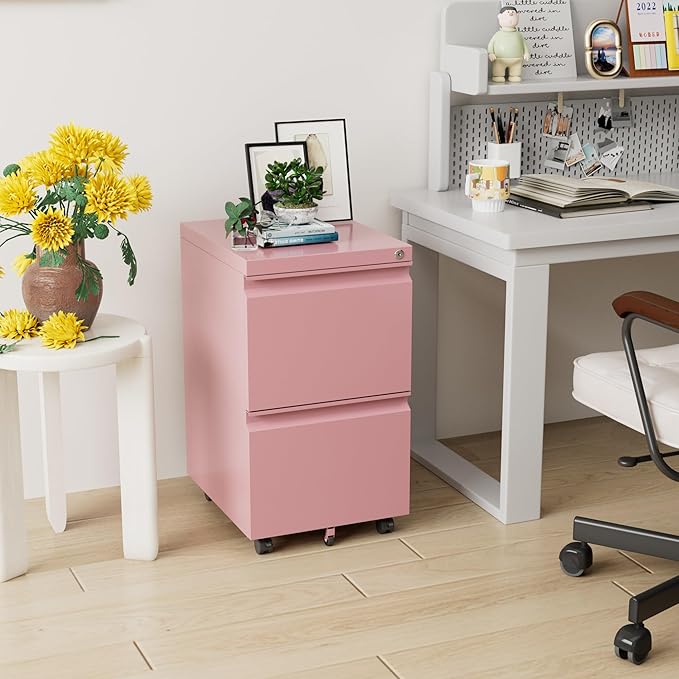 METAN 2 Drawer File Cabinet with Lock, Mobile Under Desk Filing Cabinet for Office Legal/Letter Size, Fully Assembled Except Wheels,Pink