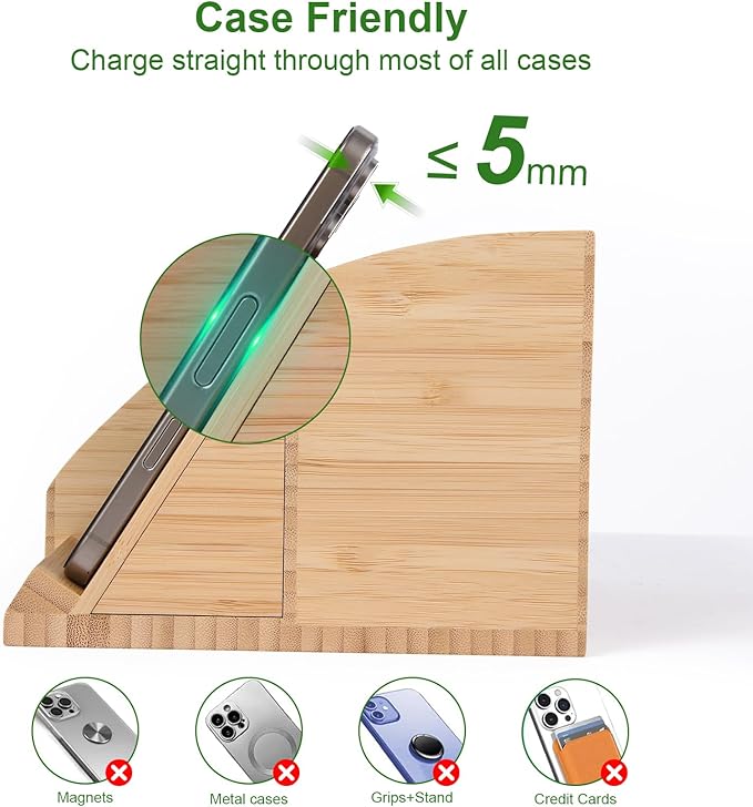 Bamboo Pen Holder for Desk & Nightstand Organizer with Fast Wireless Charging for iPhone, Samsung & More – Office Desk Accessories for Men/Women (Natural)