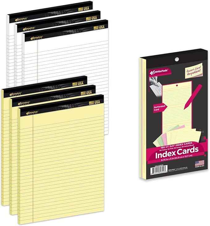 KAISA 20LB Legal Pads 8.5 x 11 6 Note pads Wide Ruled Pads 8-1/2"x11-3/4 Heavy Weight Paper Perforated Write Pads Sturdy Writing Tablets And Coloerd Tearable Index Cards 3x5