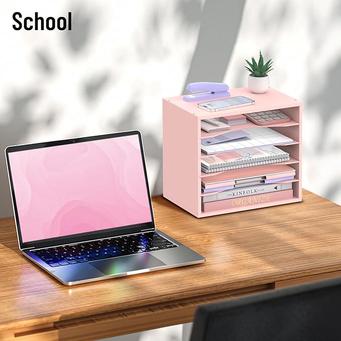 SHARKWOODS 5-Tier Wood Desk Organizer, Paper Tray Organizer for Desk with Adjustable Storage Shelves, Desktop File Organization Paper Sorter Mail Holder for Office Home Classroom, Pink