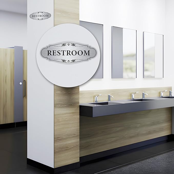 Restroom Sign Sticker for Business & Home, Self-Adhesive Brushed Silver Elegant Bathroom Signs for Door, Durable & Waterproof Unisex Restroom Signage for House Toilet, Office, Store, Shop