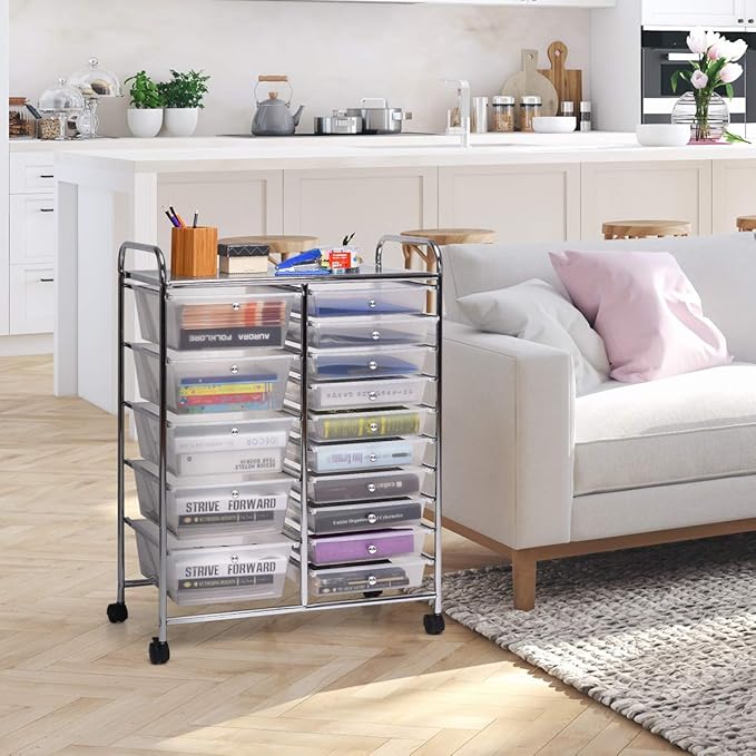 LDAILY 15 Drawer Rolling Storage Cart, Rolling Cart with Drawers for Classroom, Art Supply Craft Organizer on Wheel with Metal Frame & Handles for Home Office School