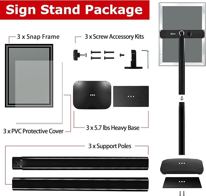 VAIIGO 3 Pack Heavy Duty Sign Holder Stand 11x17 Inch - Pedestal Floor Standing Sign Holder with Weighted Base - Vertical & Horizontal Poster/Menu Display Stands for Indoor/Outdoor Advertising, Black