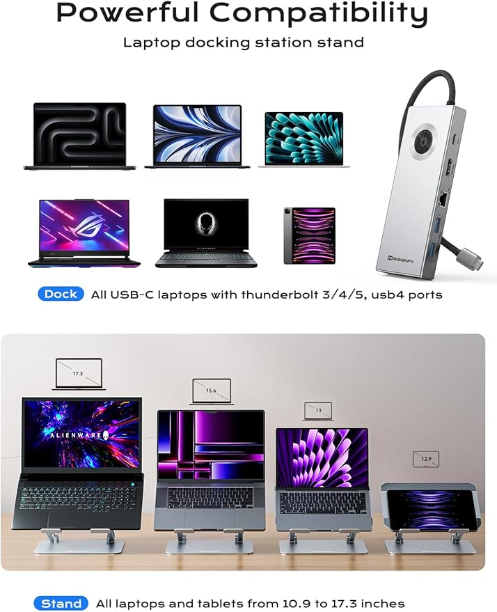 minisopuru USB C Laptop Docking Station Stand with 4K HDMI, 100W PD, Docking Station for MacBook Pro/Air/Dell/HP/Surface, Adjustable Laptop Stand for 10-17" Laptops & Tablet(4 USB A, RJ45, SD3.0)