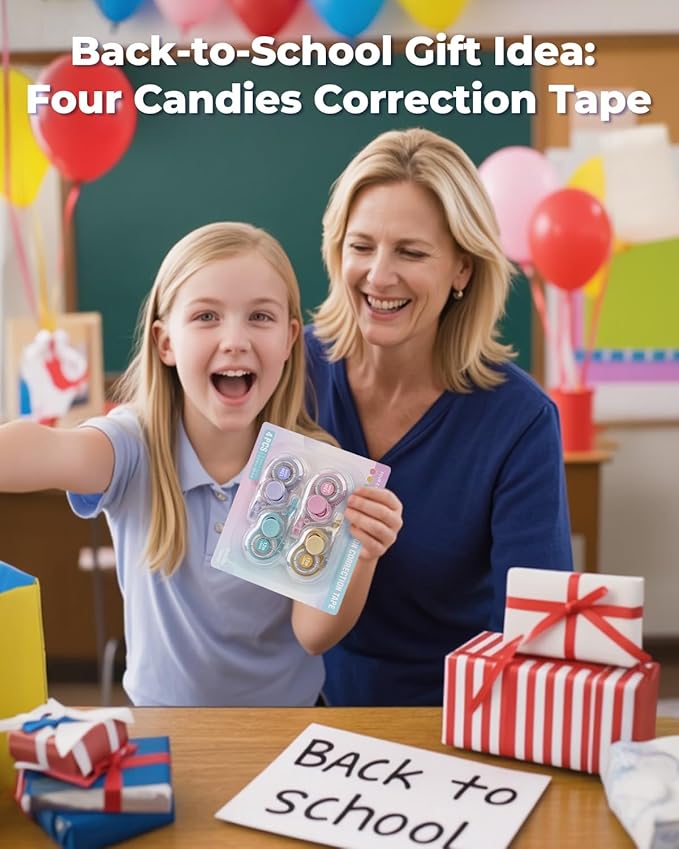 Four Candies White Correction Tape, 39.4 Feet, 4 Pack Easy to Use Applicator for Instant Corrections, Tear-Resistant, Smooth & Quick-Drying Tape for Office & School Supplies