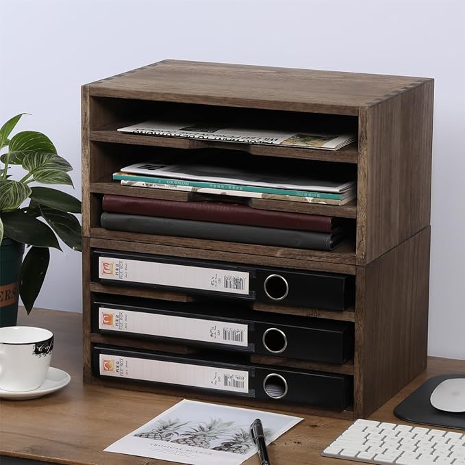 DDYURI 3-Tier Paper Storage Letter Tray File Sorter - Wood Desktop Document Organizer Holders with Mail Sorter, School & Home Magazine File Dividers for Office Accessories Dark(SJ3K-DK)