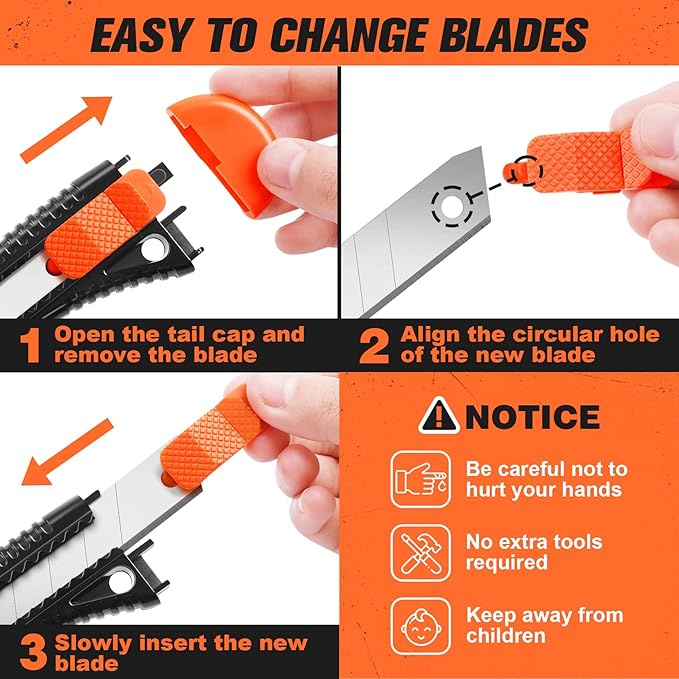 JOYUMY 3 Pack Utility Knife Box Cutter Retractable, Compact Box Knife for Cartons, Cardboard and Boxes, with 10 Piece 18mm Wider Snap-off Blade Razor Sharp Blade, Perfect for Office and Home Use