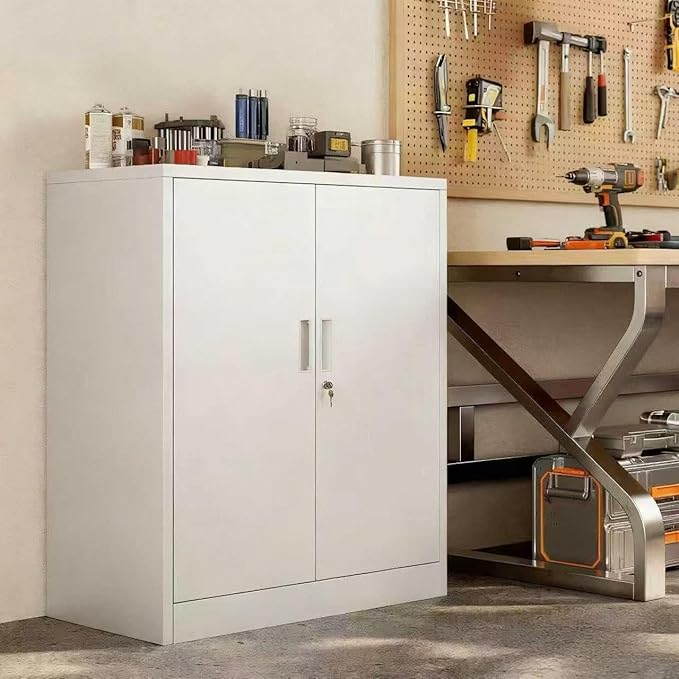 TaskStorz Metal Garage Storage Cabinets,36" Steel File Cabinet with 2 Adjustable Shelves, Lockable Storage Cabinets for Office, Home, Garage, Warehouse 36" H x 32" W x 16" D (White)