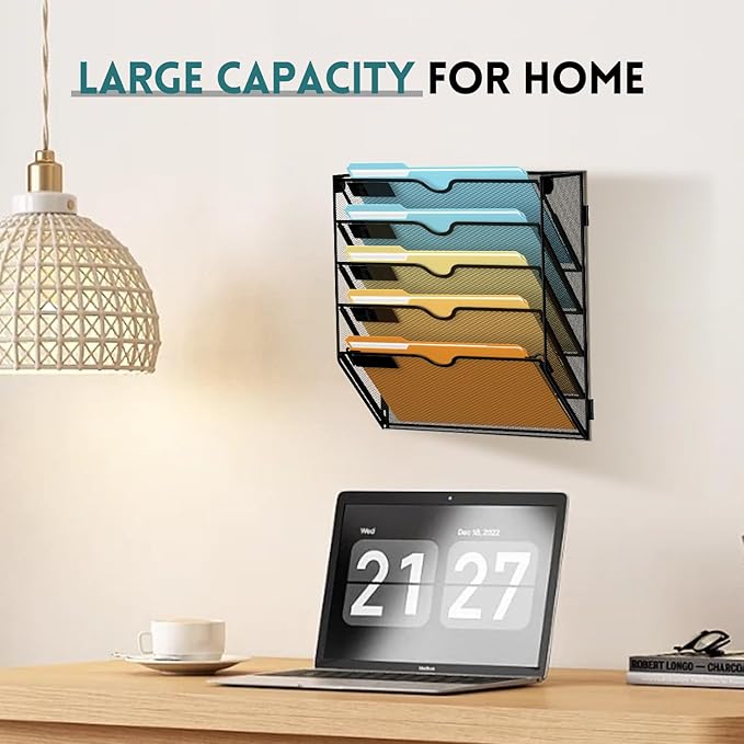 SUPEASY Wall File Organizer Mesh Office Mail Holder, Hanging Wall Organizer Magazine Rack for Office Black, 5 Tier