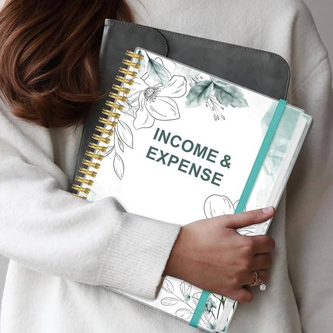 Heveboik Income & Expense Log Book - A4 Income and Expense Tracker for Small Business, Accounting Bookkeeping Tracking for Woman and Man, 8" x 10.5", Teal Floral