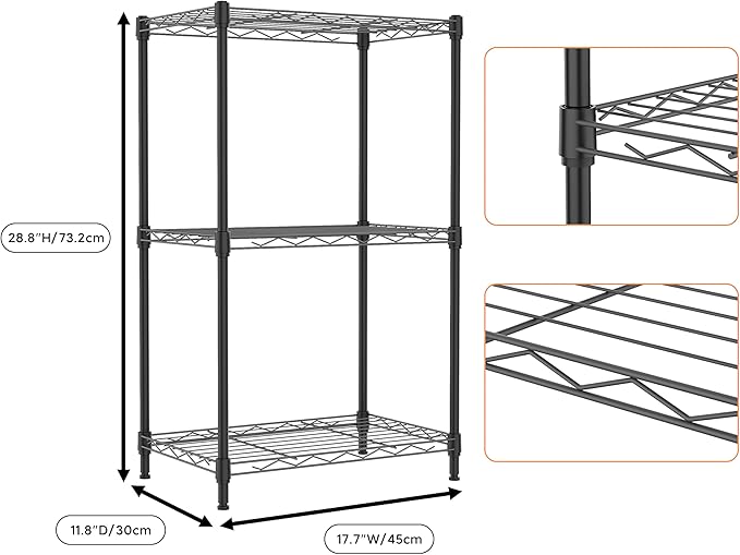 M MZG 3 Tiers Shelf Metal Storage Shelves Wire Rack Closet Organizers with Wheel for Garage Kitchen Bathroom Laundry Black 11.8" D x 17.7" W x 28.8" H