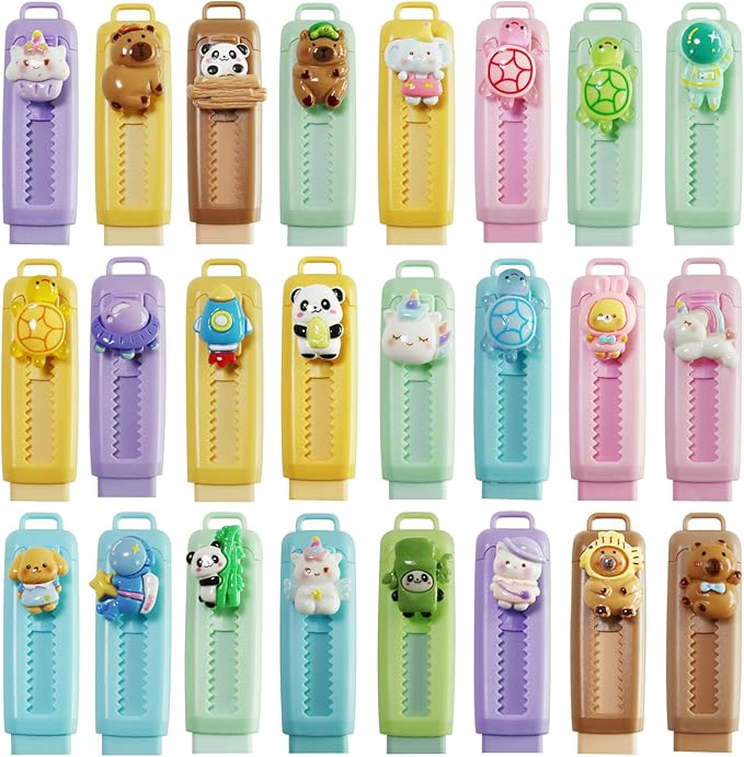 24 Pcs Cute Retractable Eraser for Pencils | Kawaii School Supplies Erasers| Back to Schools Essentials|Cute Erasers Supplies| Perfect Back to School Gifts |Valentines Day Classroom Exchange Gift