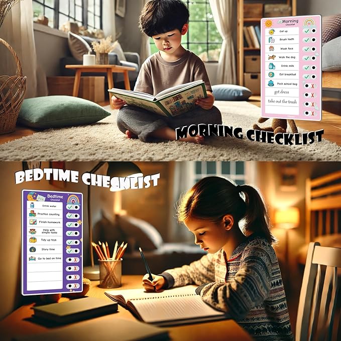 2PCS Magnetic Visual Chore Chart for Kids, Schedule Checklist for Kids, Kids to Do Task (1 Morning Checklist Boards, 1 Bedtime Checklist Boards) (Pink)