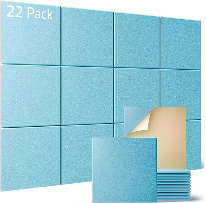 Sonicism 22 Pack Acoustic Wall Panels with Self-Adhesive, 12" X 12" X 0.4" Sound Proof Foam Panels, Decorative Soundproof Wall Panels, Sound Proof Absorbing Tiles for Home & Offices, Light Blue