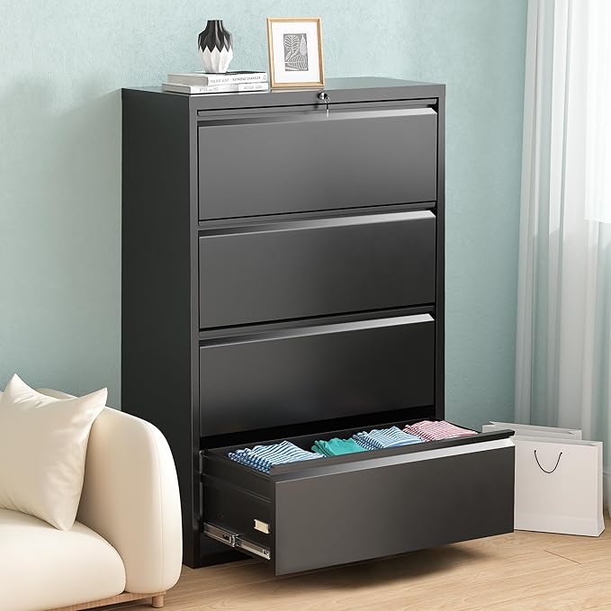 Pataku 4 Drawer File Cabinet with Lock, Metal Lateral File Cabinets for Home Office 4 Drawer, Locking Filling Cabinets for Hanging Files Letter/Legal/F4/A4 Size (4Drawer/Black)