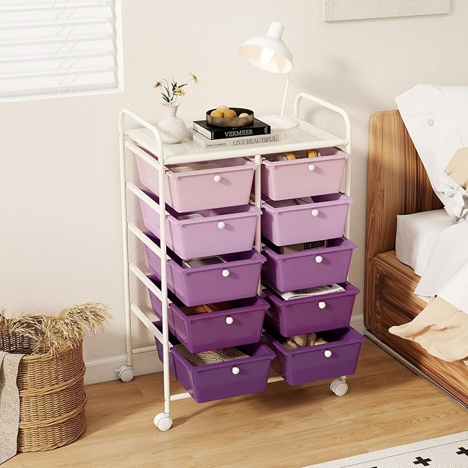 GLACER 10 Drawer Rolling Cart, Storage Cart with Lockable Whieels & Metal Frame, Trolley for Art Craft Oganizer, Mobile Utility Cart for Office, School, Classroom, Kitchen (Purple Gradient)